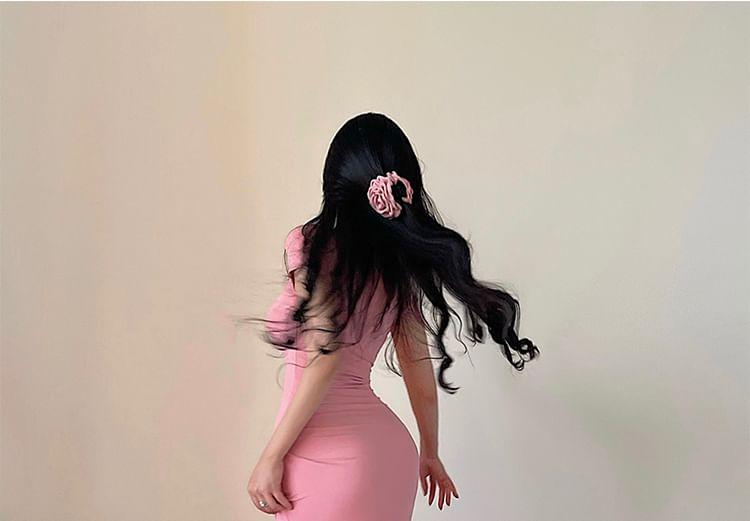 Short-Sleeve Square-Neck Plain Midi Mermaid Dress (Various Designs) Product Image