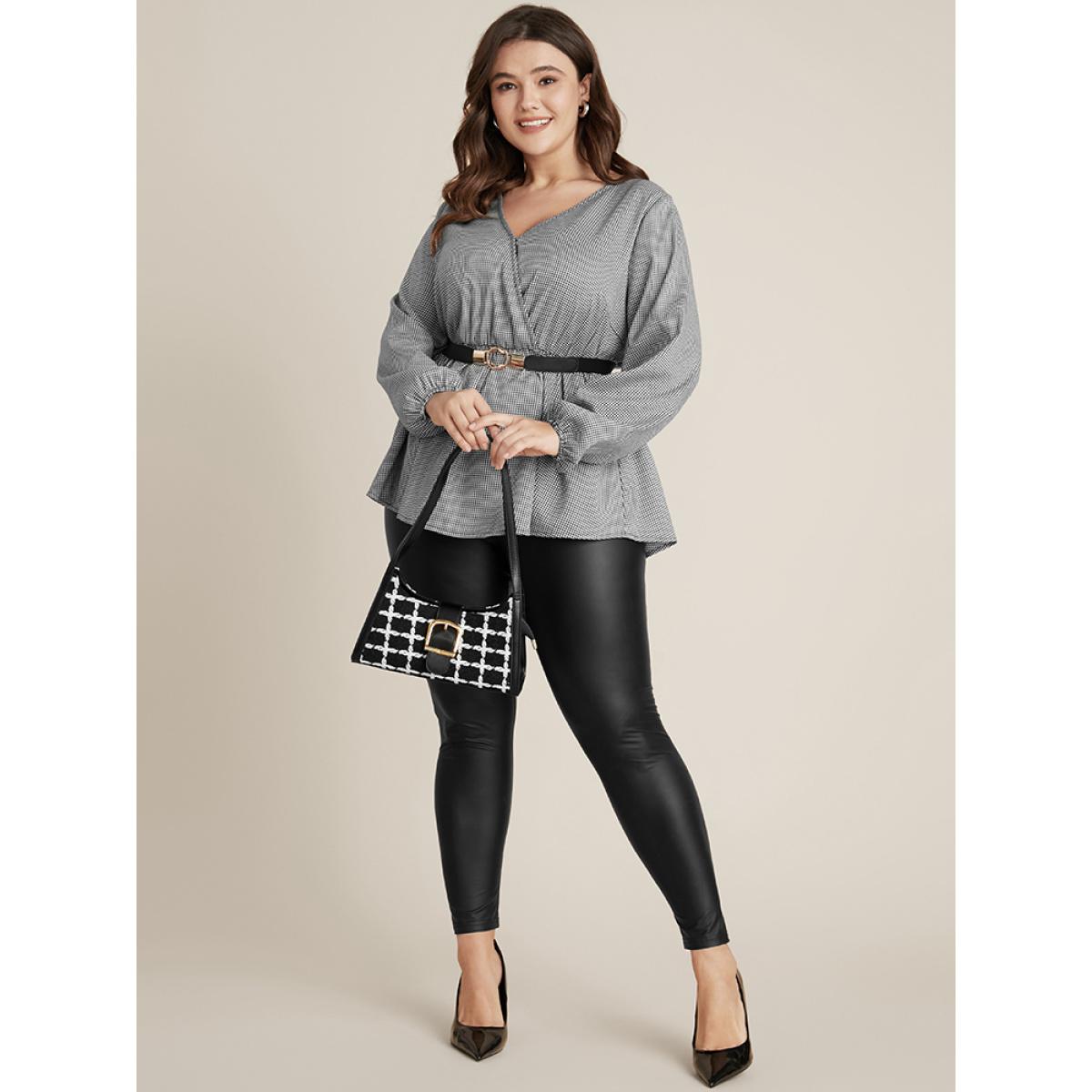 Plus Size Black Houndstooth Lantern Sleeve Wrap Blouse Without Belt Women Elegant Long Sleeve V-neck Dailywear Blouses BloomChic 14-16/1X Product Image