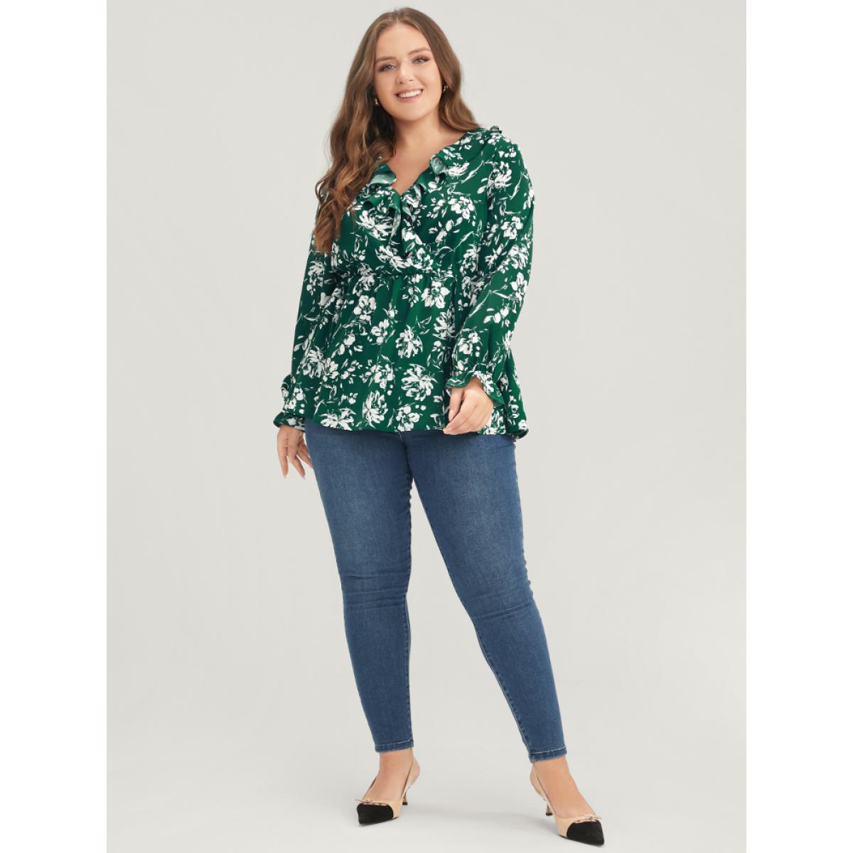 Plus Size DarkGreen Floral Ruffles Trim Lantern Sleeve Blouse Women Casual Long Sleeve V-neck Dailywear Blouses BloomChic 22-24/3X Product Image