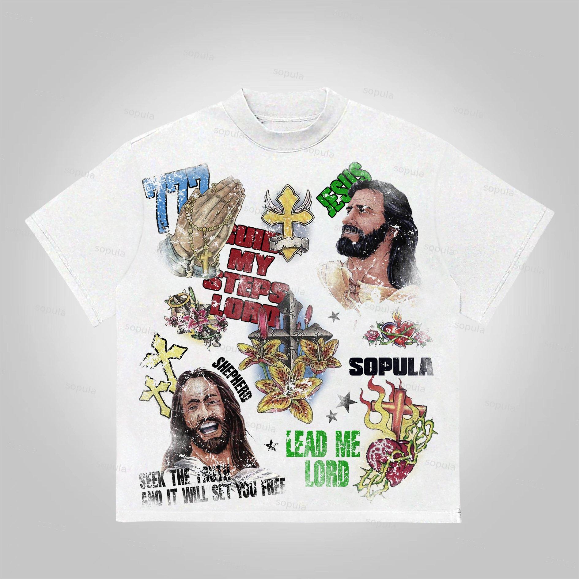 Sopula Jesus Collage Vintage Graphics Cotton T-Shirt Product Image