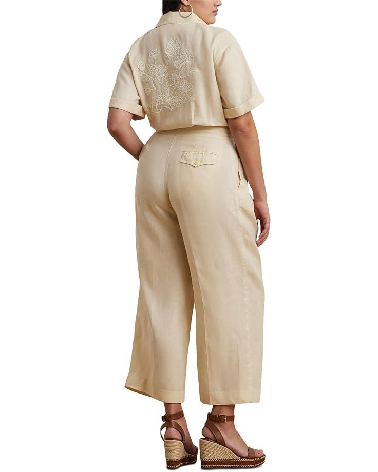 Women's Lauren Ralph Lauren Plus Size Embroidered Linen Short Sleeve Jumpsuits Product Image