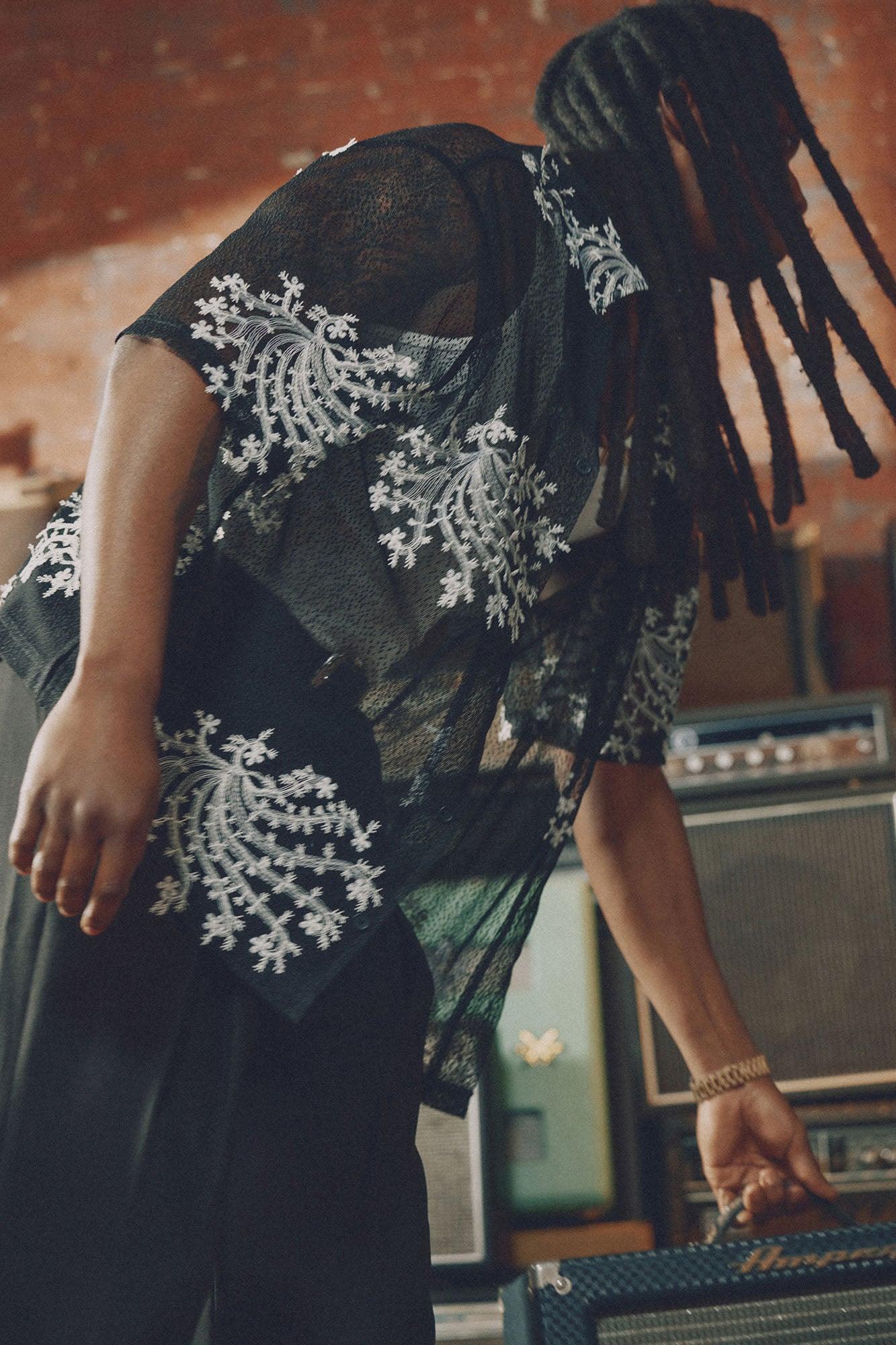 Plant Embroidered Cuban Mesh Shirt - Black Product Image