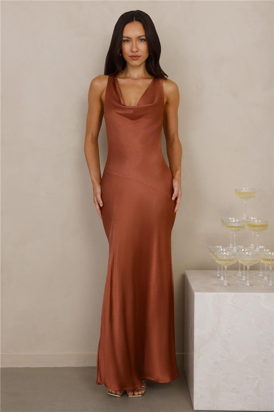 The Loretta Cowl Satin Maxi Dress Copper Product Image