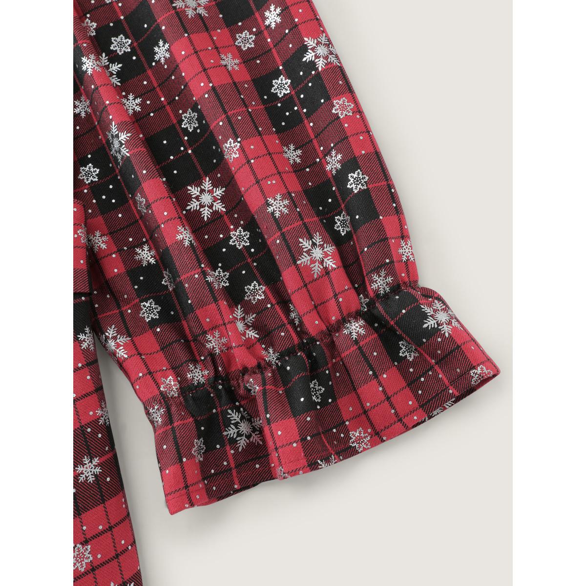 Plus Size Snow Checkered Print Shirred Midi Dress Burgundy Women Party&Cocktail Belted Square Neck Elbow-length sleeve Curvy BloomChic 28/5X Product Image