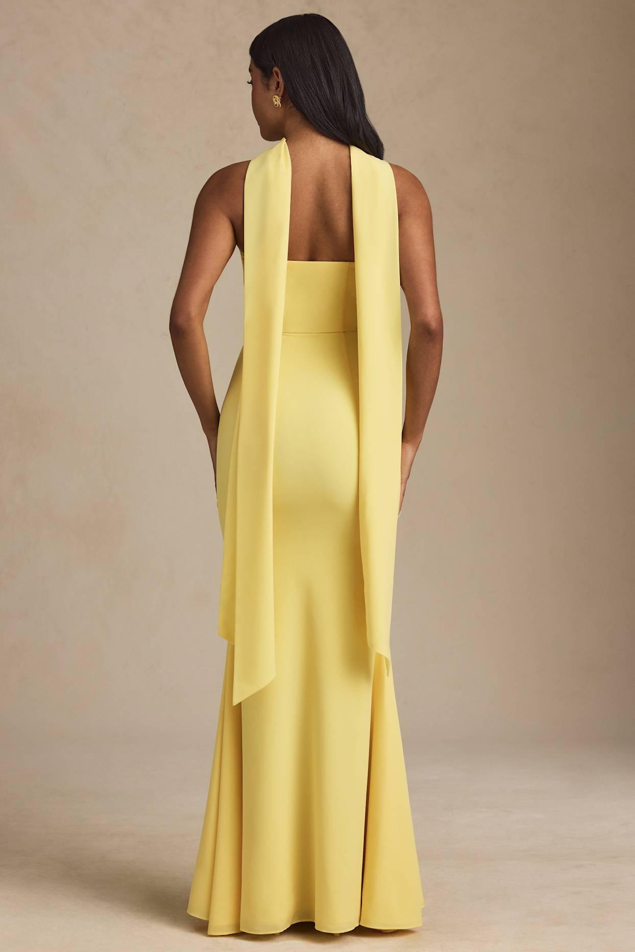 Scarf-Detail Strapless Gown in Pastel Yellow Product Image