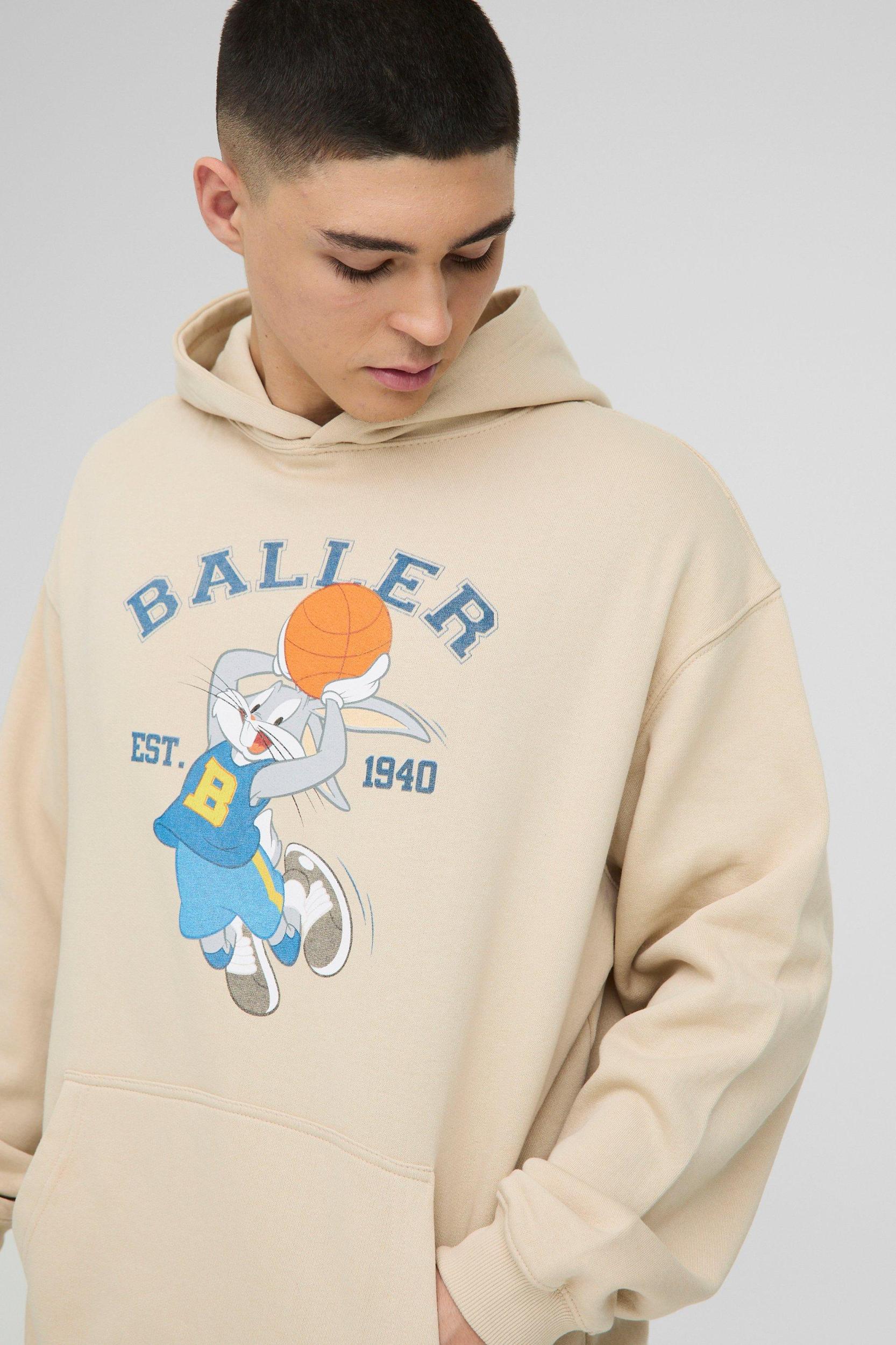 Oversized Bugs Bunny Varsity License Print Hoodie | boohooMAN USA Product Image