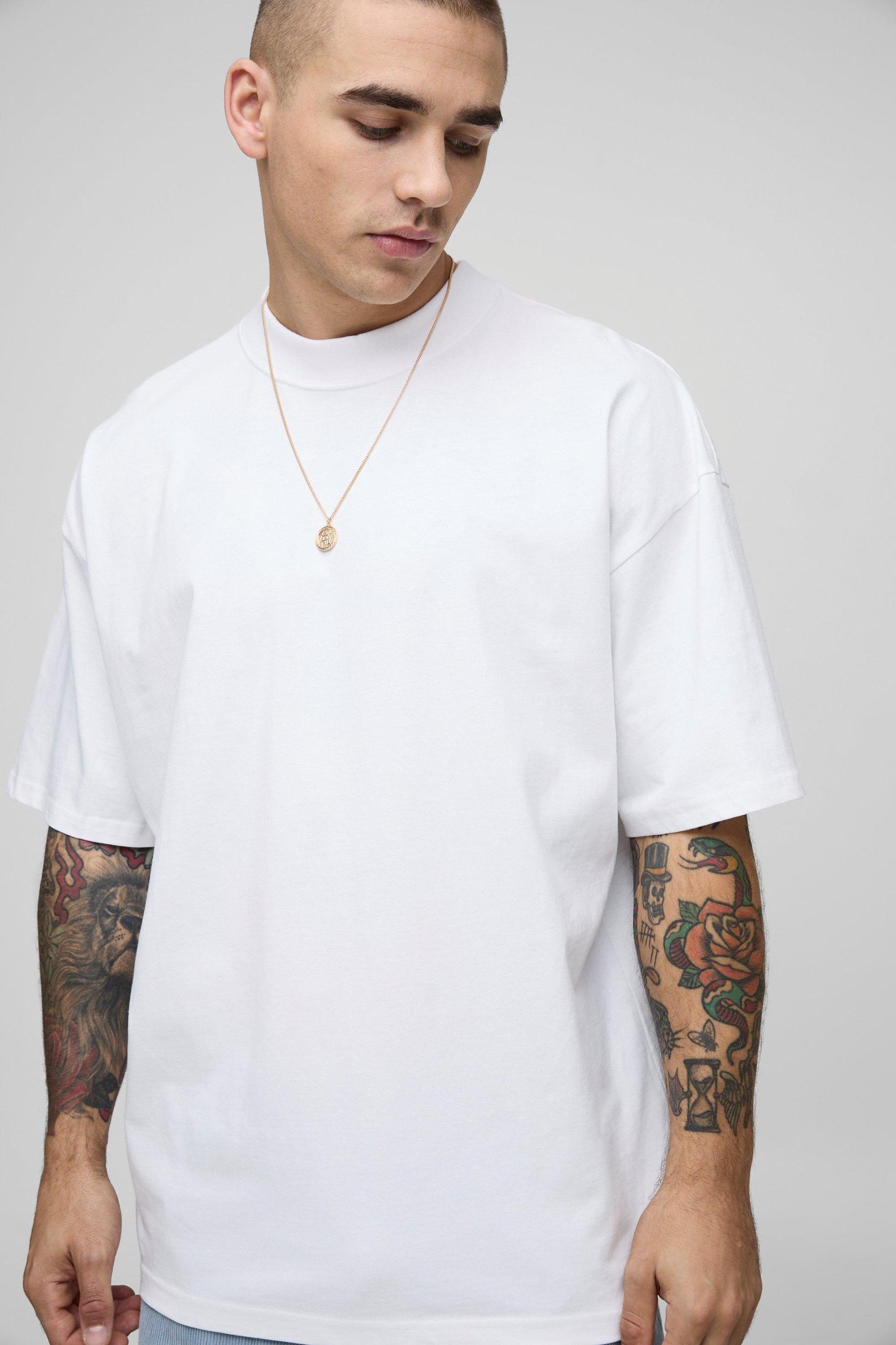 White Oversized Extended Neck Santorini Island Landscape T-Shirt | boohooMAN USA Product Image