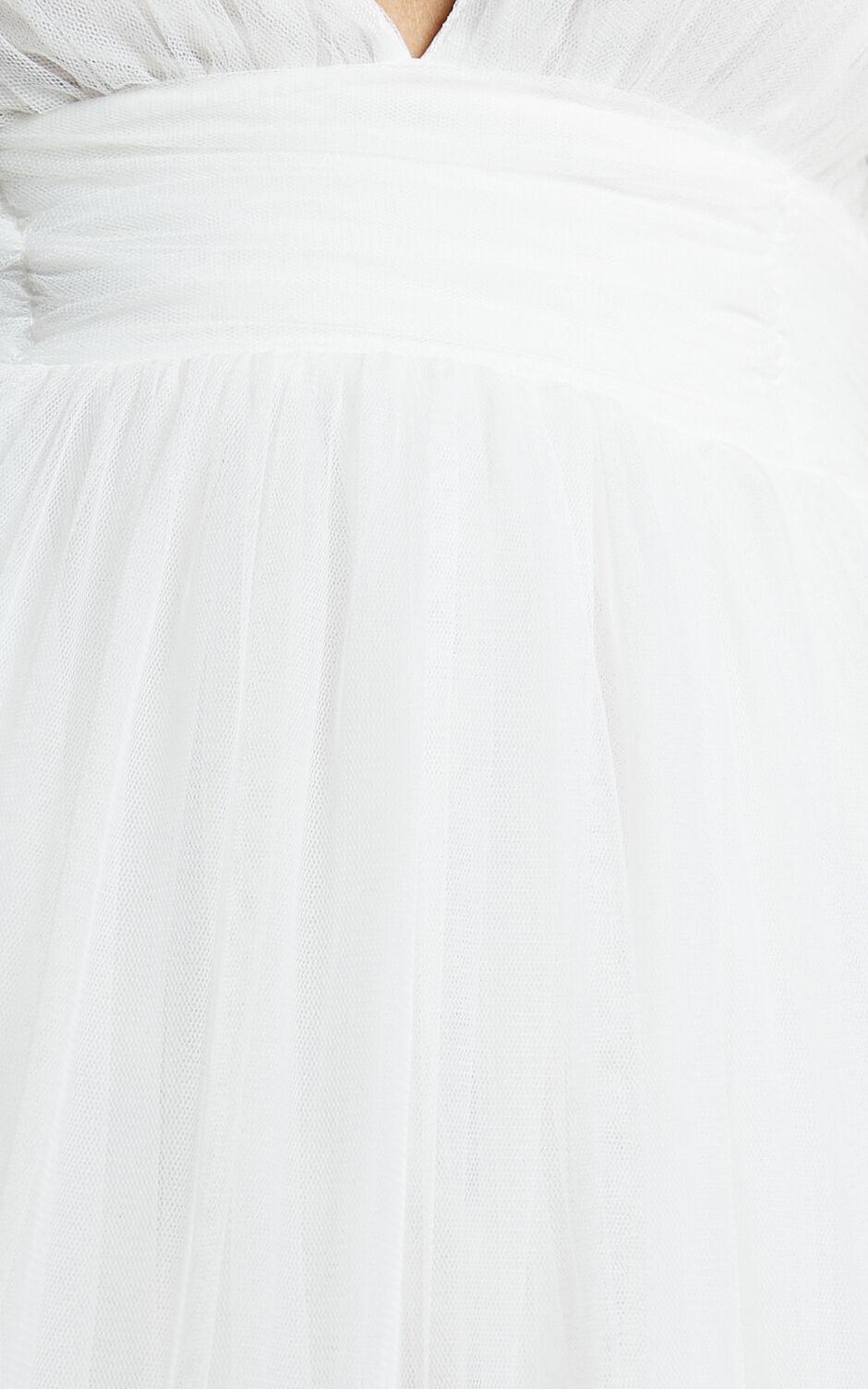 Jiraye Midi Dress - Flutter Sleeve Tuelle Plunge Dress in White Product Image