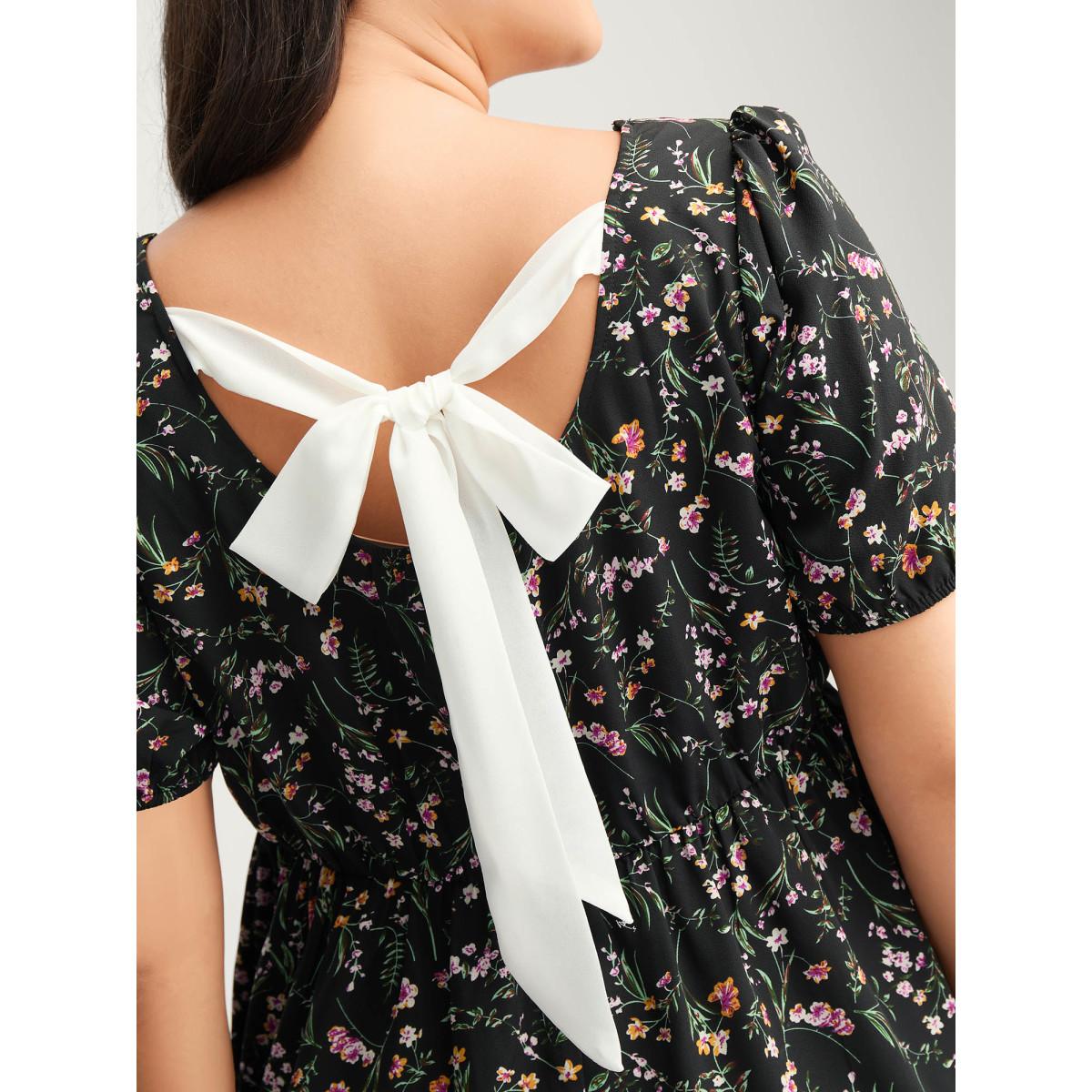 Plus Size Black Floral Print Bow Back Detail Blouse Women Timeless Short sleeve Square Neck Elegant Blouses BloomChic 10/M Product Image