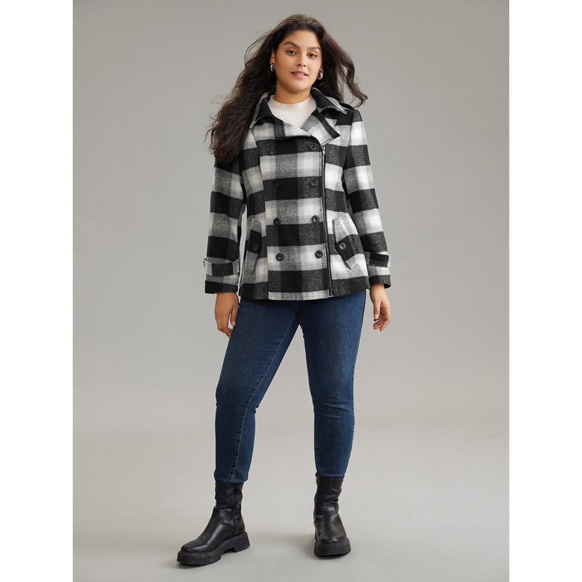 Plus Size Plaid Zipper Fly Double Breasted Detail Coat Women Black Casual Contrast Ladies Dailywear Winter Coats BloomChic 12/L Product Image