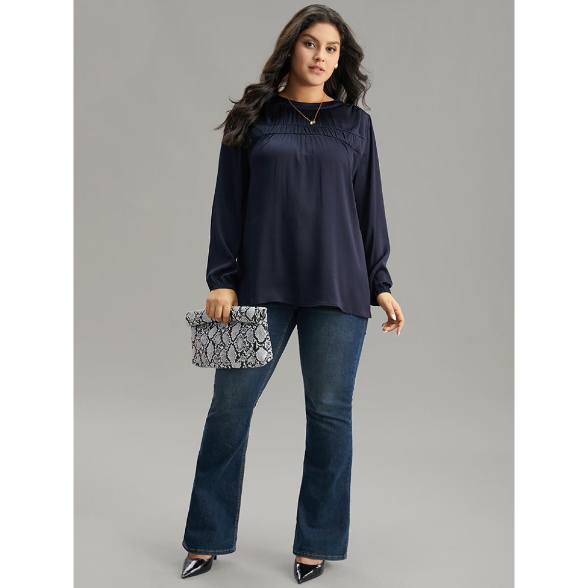 Plus Size Indigo Static-Free Plain Gathered Blouse Women Office Long Sleeve Round Neck Office Blouses BloomChic 22-24/3X Product Image