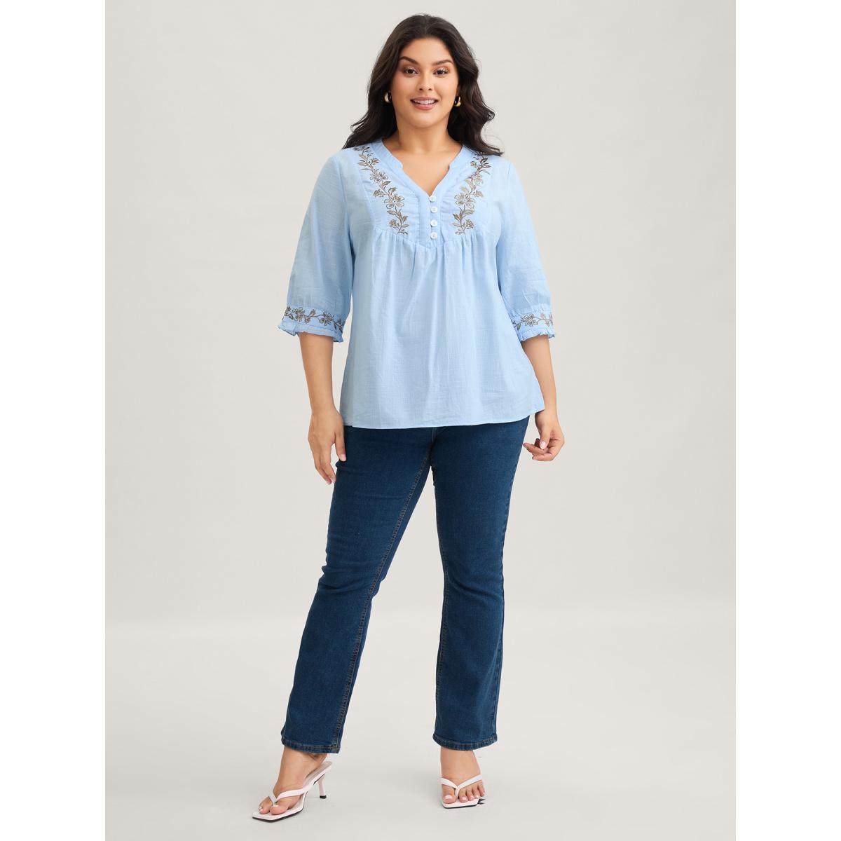 Plus Size LightBlue Cotton Floral Embroidered Notched Collar Frill Trim Blouse Women Leisure Elbow-length sleeve Stand-up collar Casual Blouses BloomChic 14-16/1X Product Image