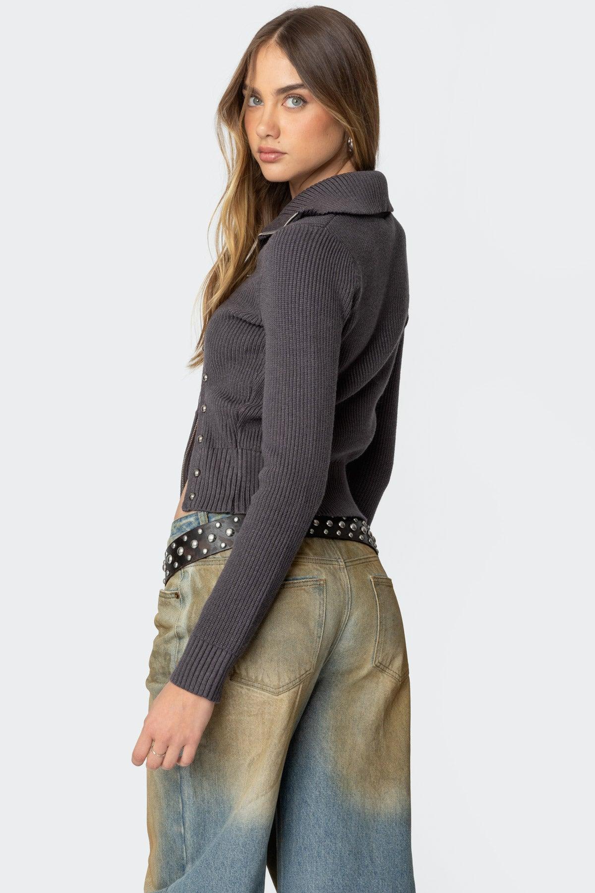 Ribbed Asymmetric Zip Up Cardigan Product Image