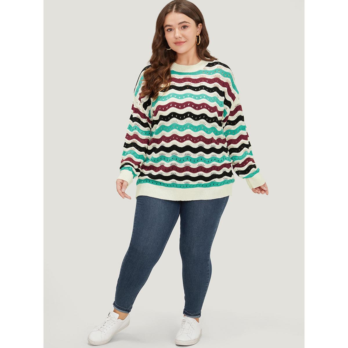 Plus Size Contrast Water Ripple Cut Out Elastic Cuffs Pullover Multicolor Women Casual Loose Long Sleeve Round Neck Dailywear Pullovers BloomChic 12/L Product Image