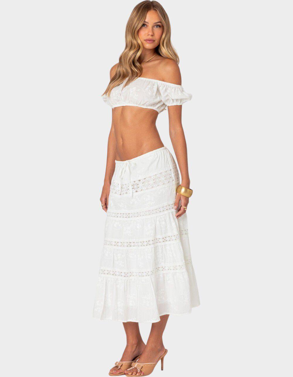 EDIKTED Tiered Cotton Lace Midi Skirt - WHITE Product Image