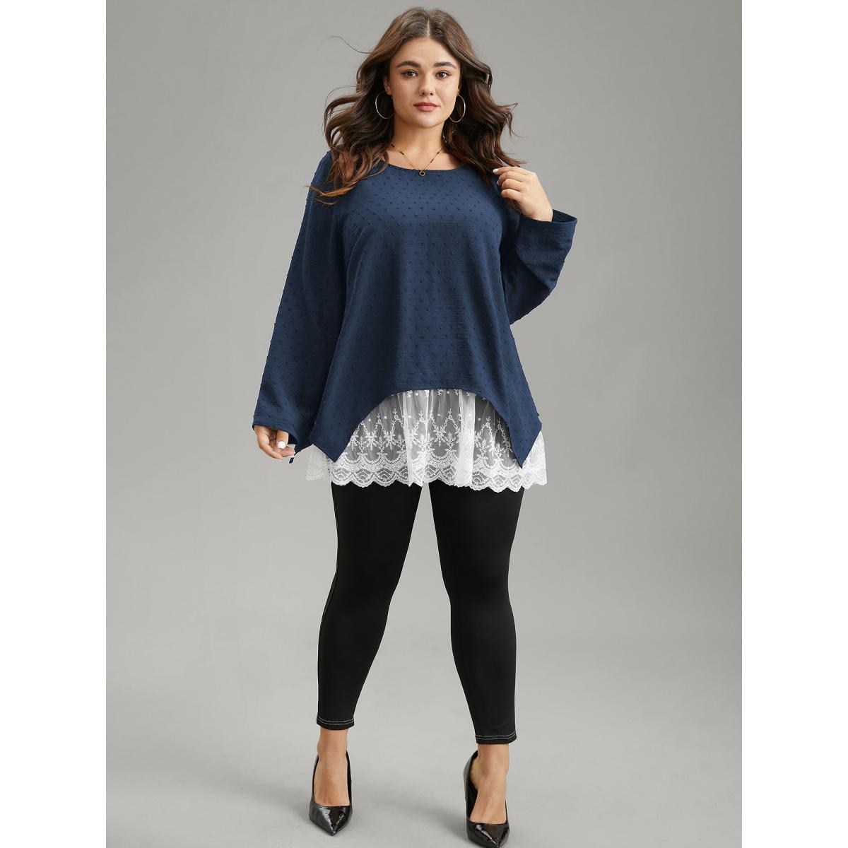 Plus Size Indigo Crochet Lace Mesh Polka Dot Asymmetrical Hem Blouse Women Elegant Long Sleeve Round Neck Everyday Blouses BloomChic 12/L Product Image
