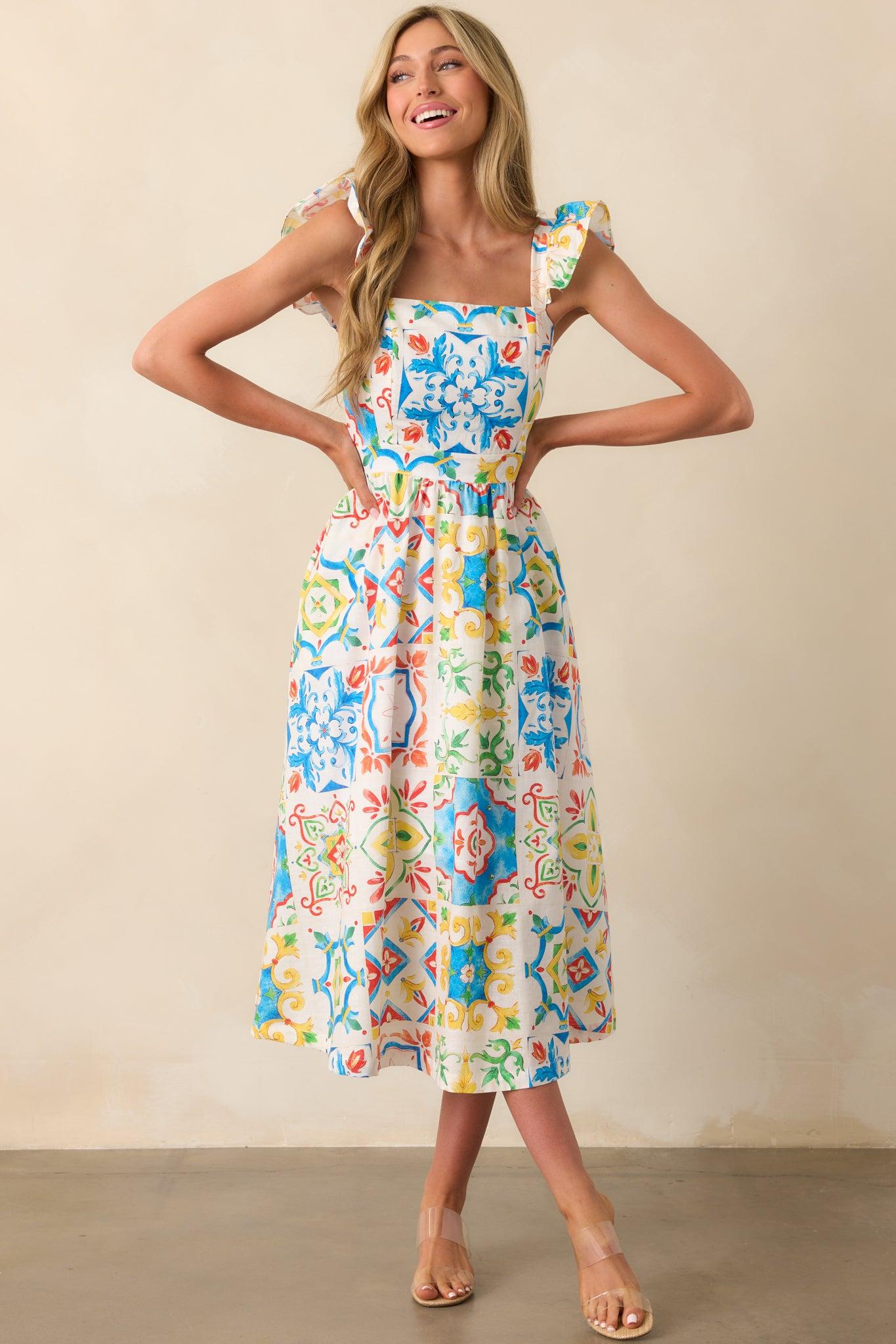 Prosperina Nicola Blue Multi Sicilian Tile Print Linen Ruffle Midi Dress Product Image