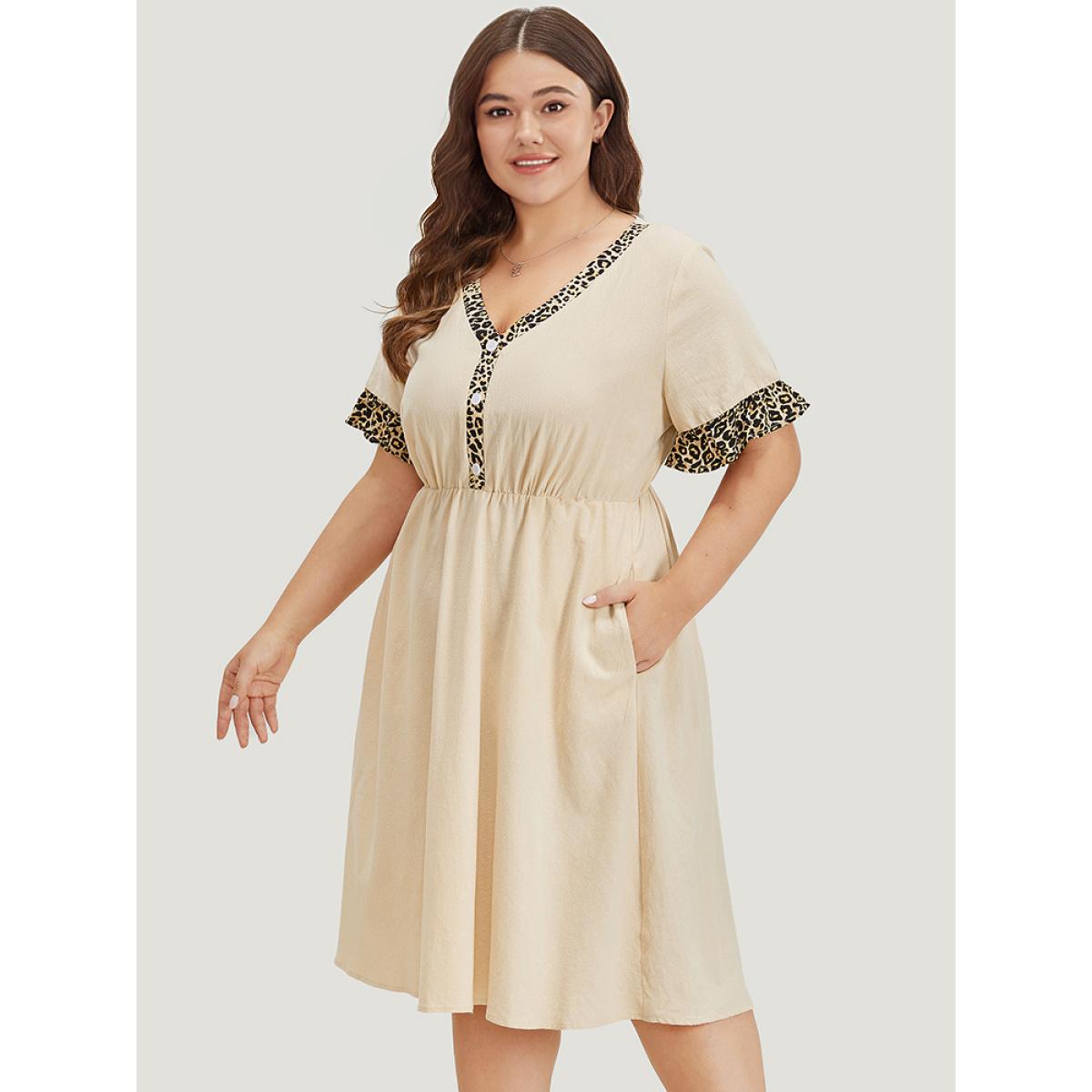 Plus Size Leopard Patchwork Pocket Flutter Trim Button Detail Dress Apricot Women Office Plain V-neck Short sleeve Curvy Midi Dress BloomChic 18-20/2X Product Image