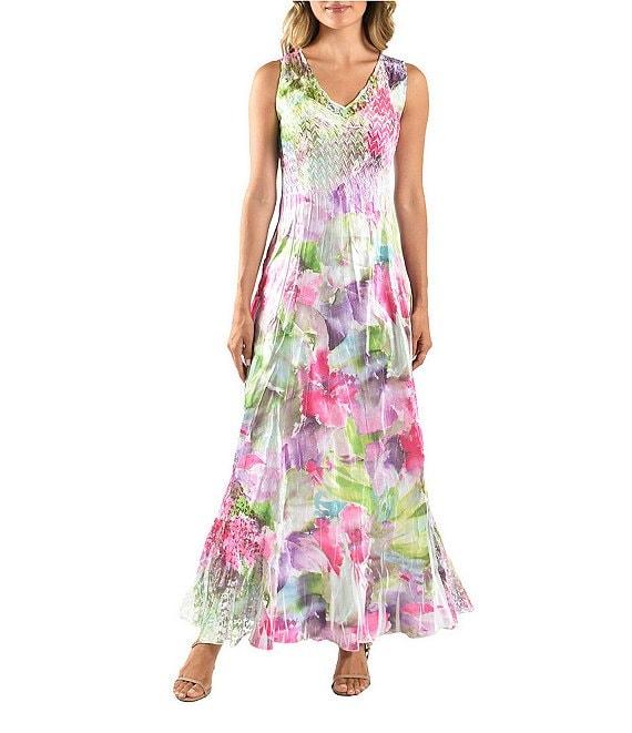 Komarov V-Neck Sleeveless Vivid Flora Lace Inset A-Line Charmeuse Maxi Dress Product Image