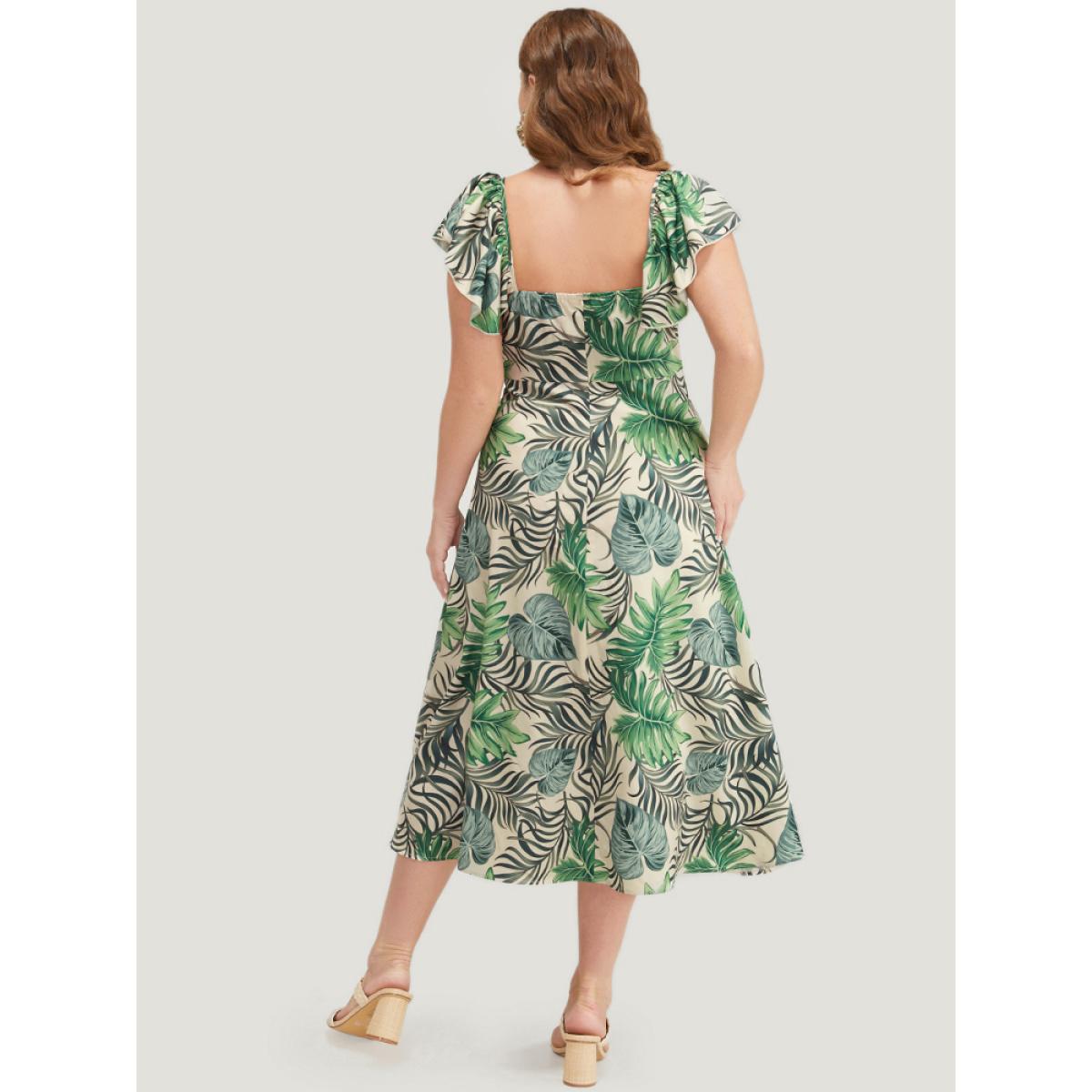 Plus Size Plant Print Cap Sleeve Pocket Ruffle Trim Split Hem Dress Multicolor Women Vacation Slit V-neck Cap Sleeve Curvy Midi Dress BloomChic 14-16/1X Product Image