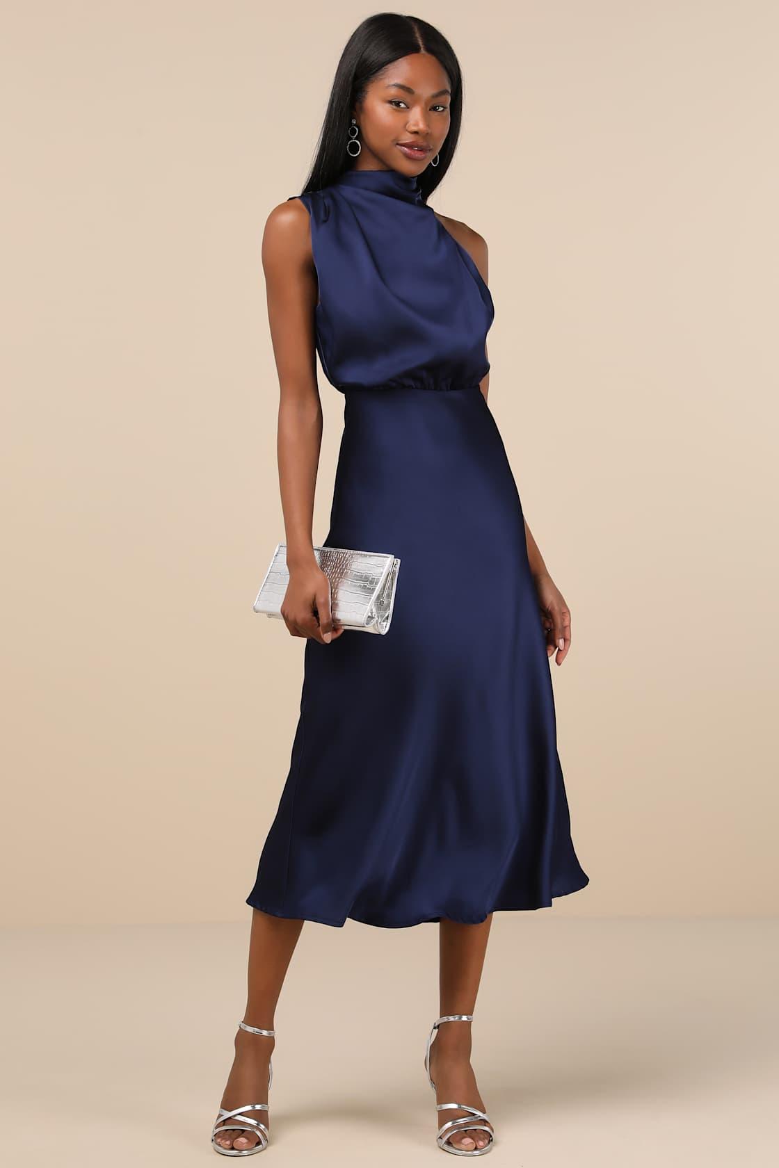 Distinctive Charm Navy Satin Asymmetrical Midi Dress Product Image