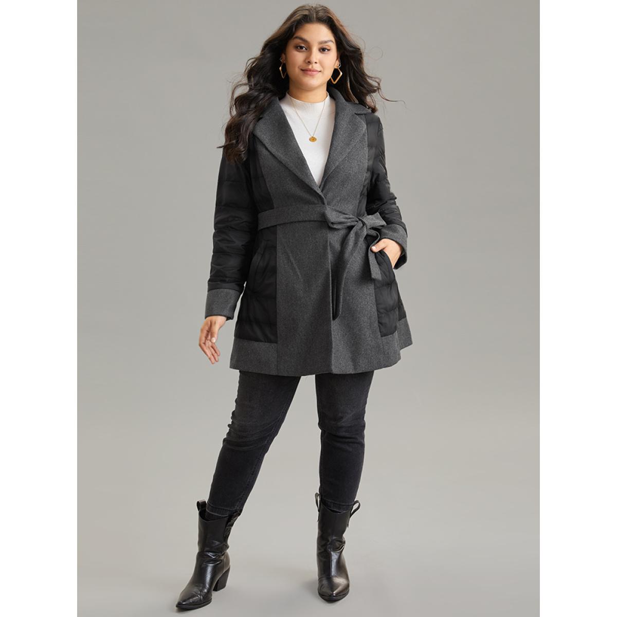 Plus Size Padded Patchwork Tweed Belted Lapel Collar Coat Women DimGray At the Office Lined Ladies Office Winter Coats BloomChic 10/M Product Image