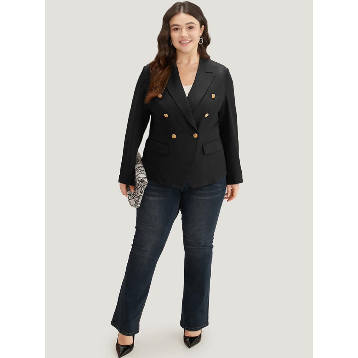 Plus Size Suit Collar Buckle Detail Pocket Blazer Black Women Office Plain Plain Sleeve Long Sleeve Suit Collar 22-24/3X Pocket Workwear Essentials Blazers BloomChic Product Image