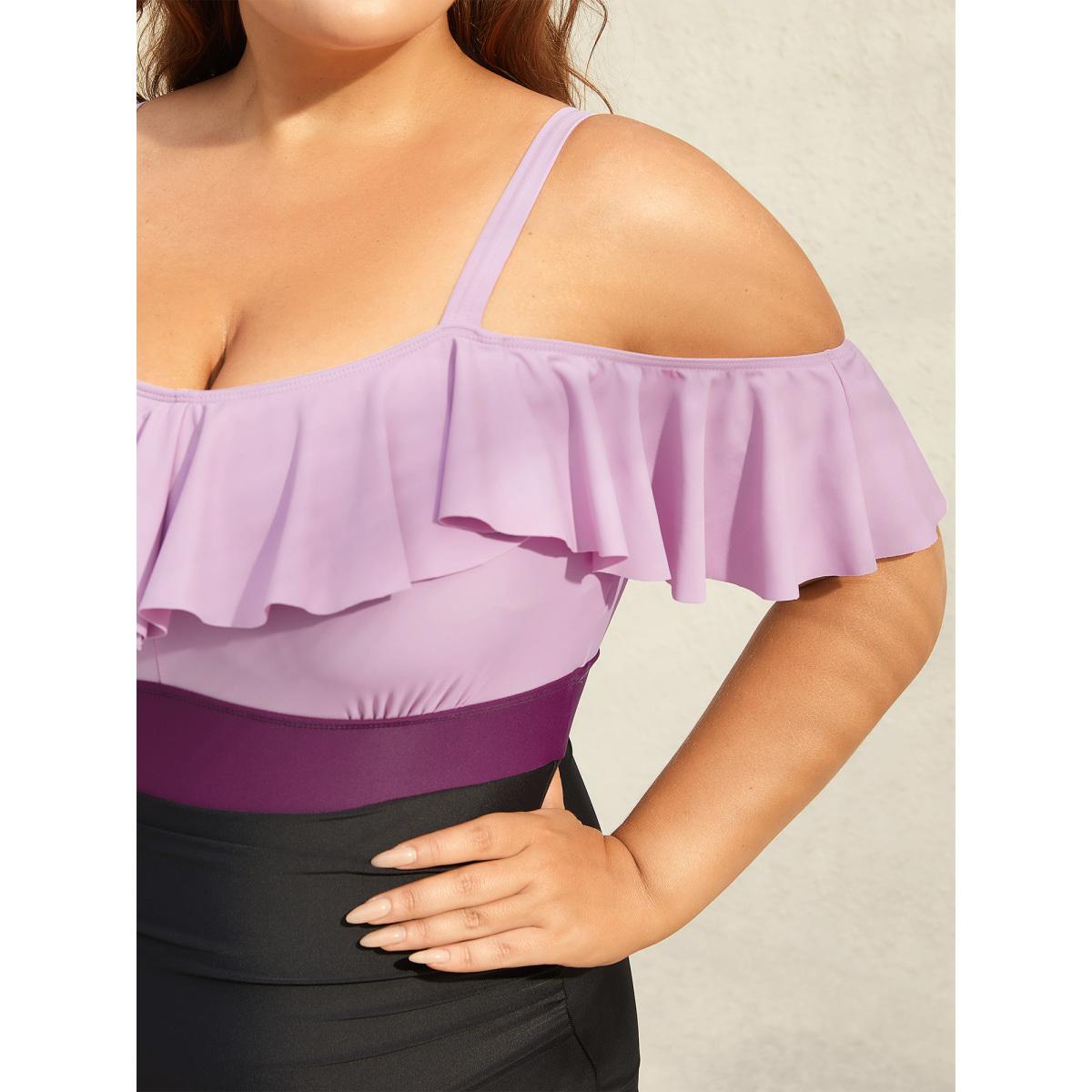 Plus Size Cold-Shoulder Ruffled One-Piece Swimsuit Women's Swimwear Lilac Beach Gathered Curve Bathing Suits High stretch One Pieces BloomChic 28/5X Product Image