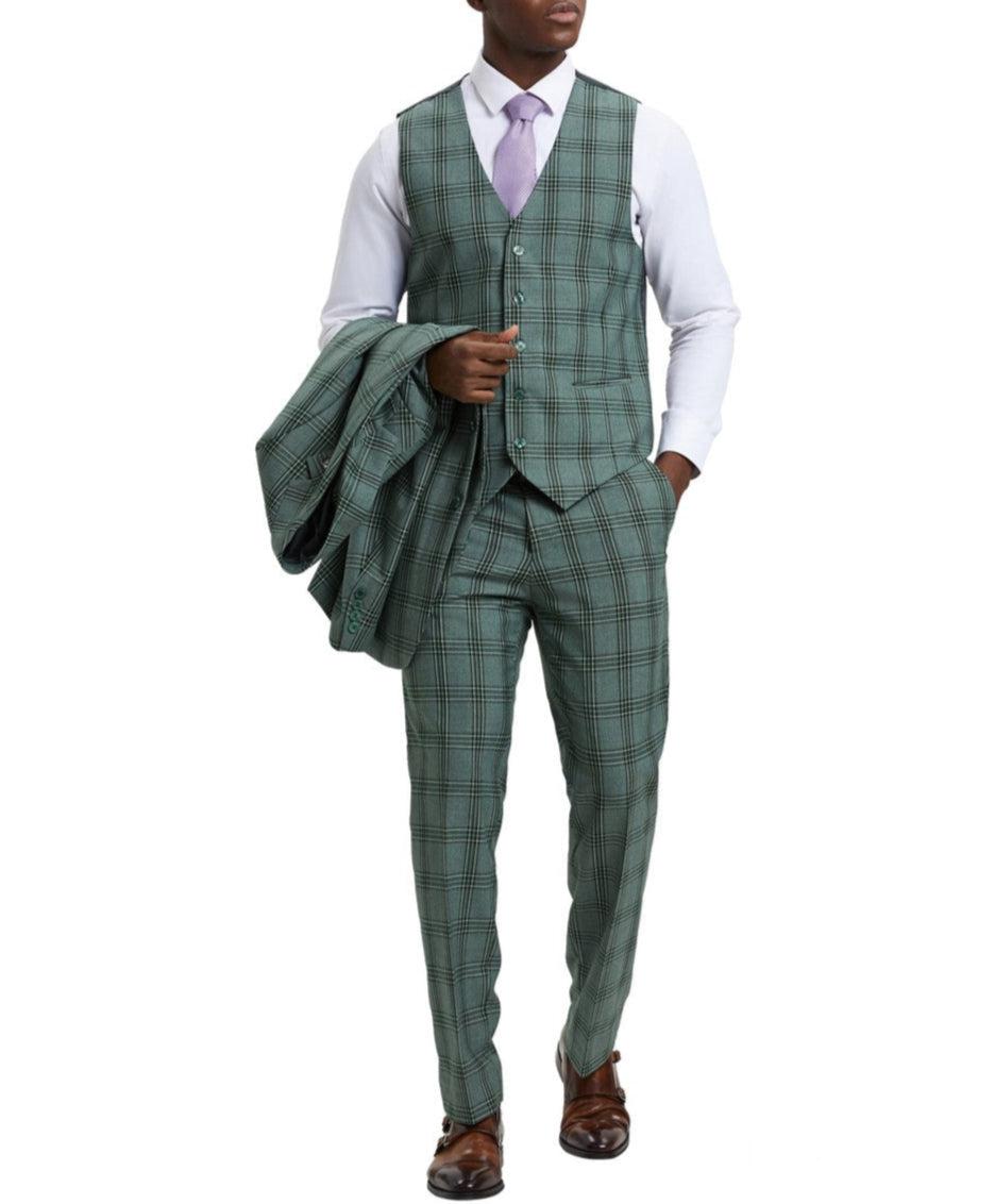 Stacy Adams - Hybrid Fit Plaid 3 Piece Green Suit Product Image
