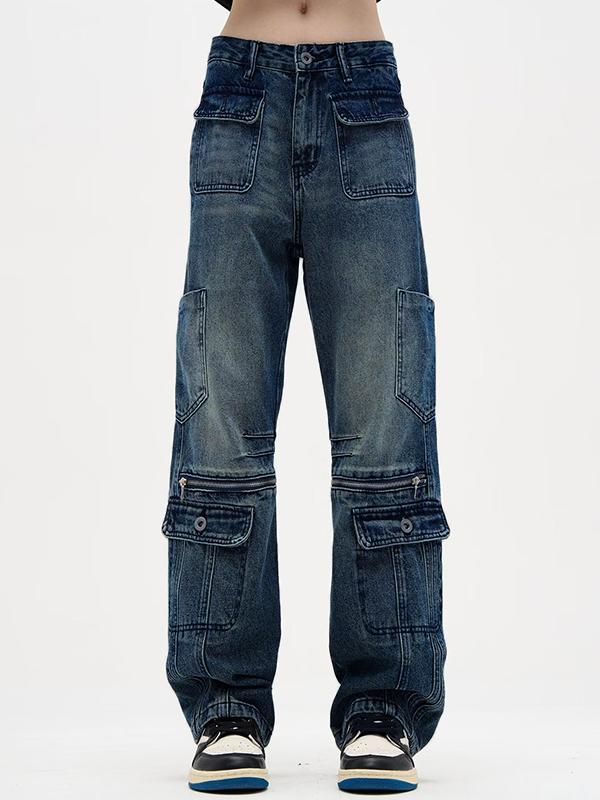 Men's Multi Pocket Splice Zip Up Loose Jeans Product Image