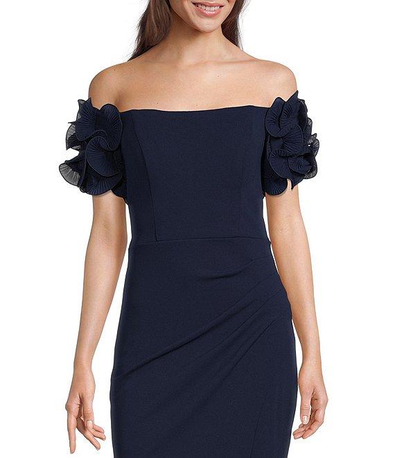Xscape Rosette Off-the-Shoulder Short Sleeve Ruffle Ruched Waist Gown Product Image