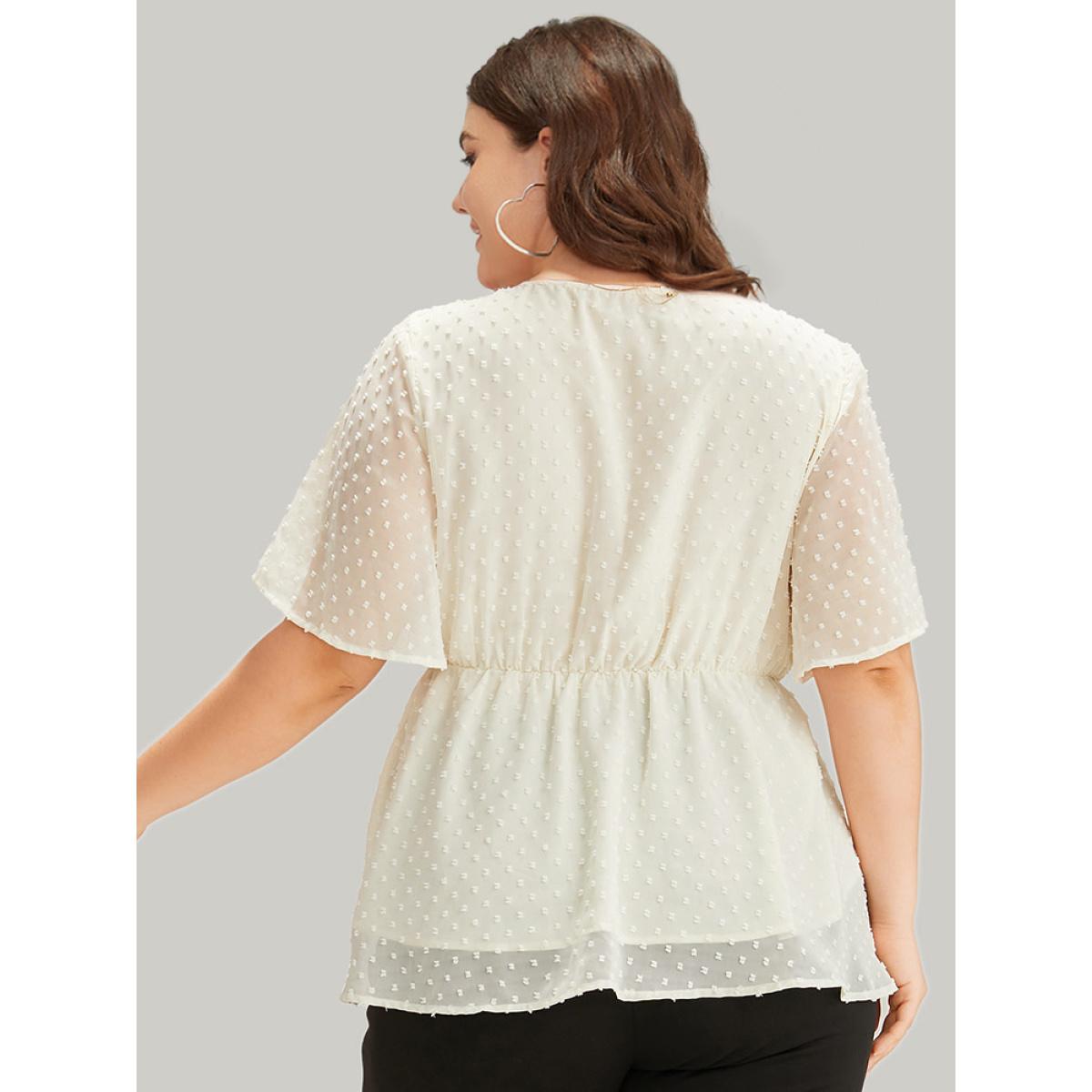 Plus Size Ivory Polka Dot Keyhole Mesh Gathered Flutter Sleeve Blouse Women Office Short sleeve V-neck Work Blouses BloomChic 22-24/3X Product Image
