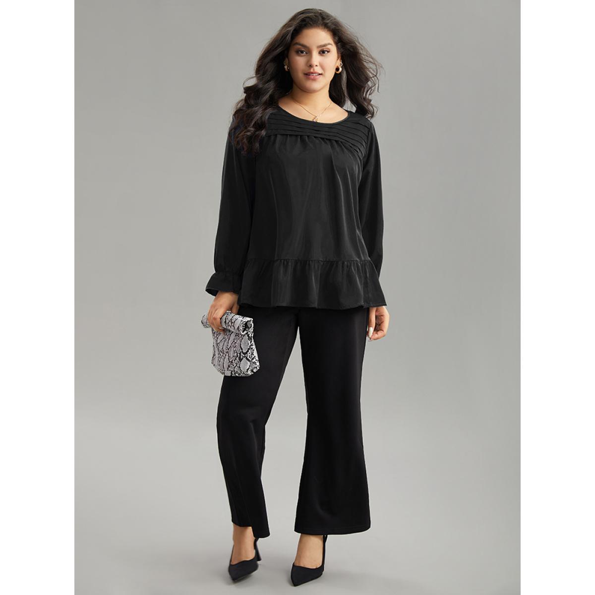 Plus Size Black Static-Free Plain Pleated Ruffles Lantern Sleeve Blouse Women Office Long Sleeve Round Neck Work Blouses BloomChic 10/M Product Image