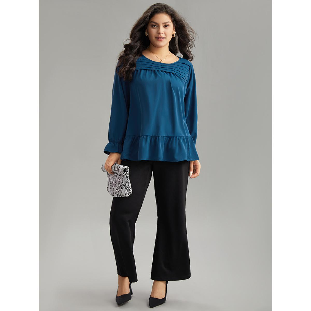 Plus Size Aegean Static-Free Plain Pleated Ruffles Lantern Sleeve Blouse Women Office Long Sleeve Round Neck Work Blouses BloomChic 30/6X Product Image