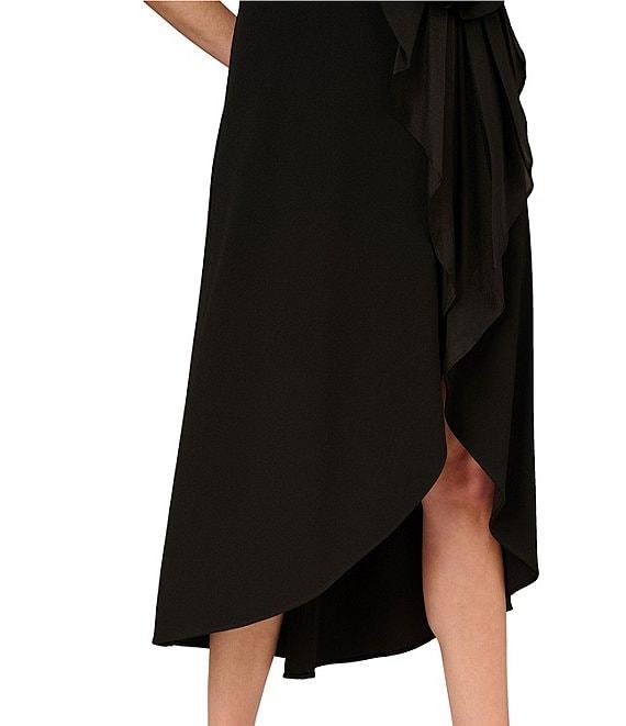 Aidan Mattox Double V-neck 3D Flower Knit Crepe Hi low Faux Wrap Midi Dress Product Image