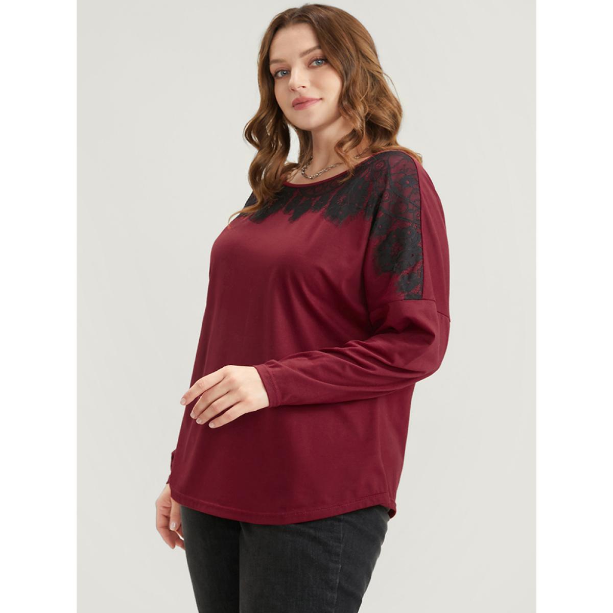 Plus Size Solid Round Neck Contrast Lace Long Tee Red Women Elegant Lace Plain Round Neck Dailywear T-shirts BloomChic 14-16/1X Product Image