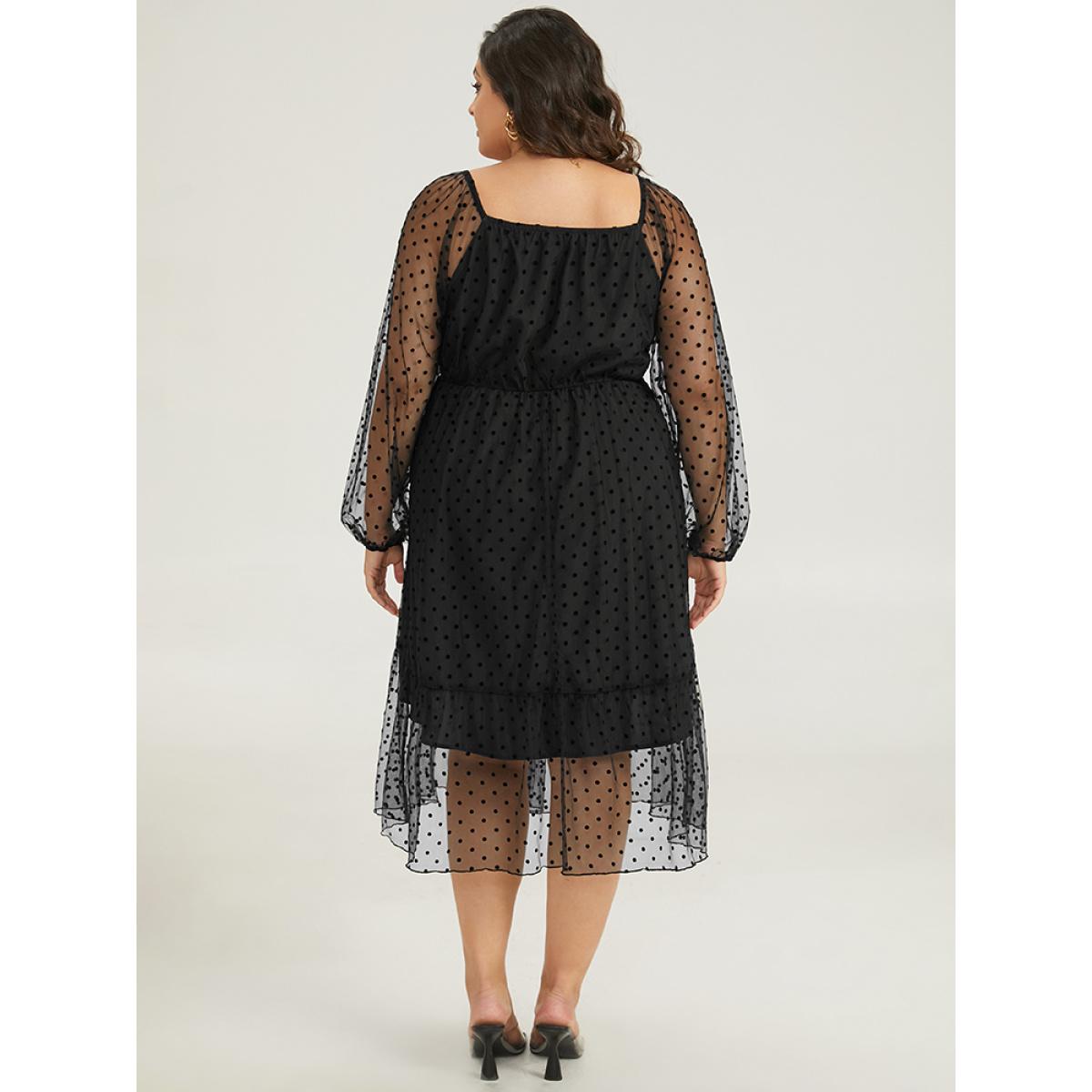 Plus Size Polka Dot Mesh Pocket Square Neck Dress Black Women Elegant Texture Square Neck Long Sleeve Curvy Midi Dress BloomChic 30/6X Product Image