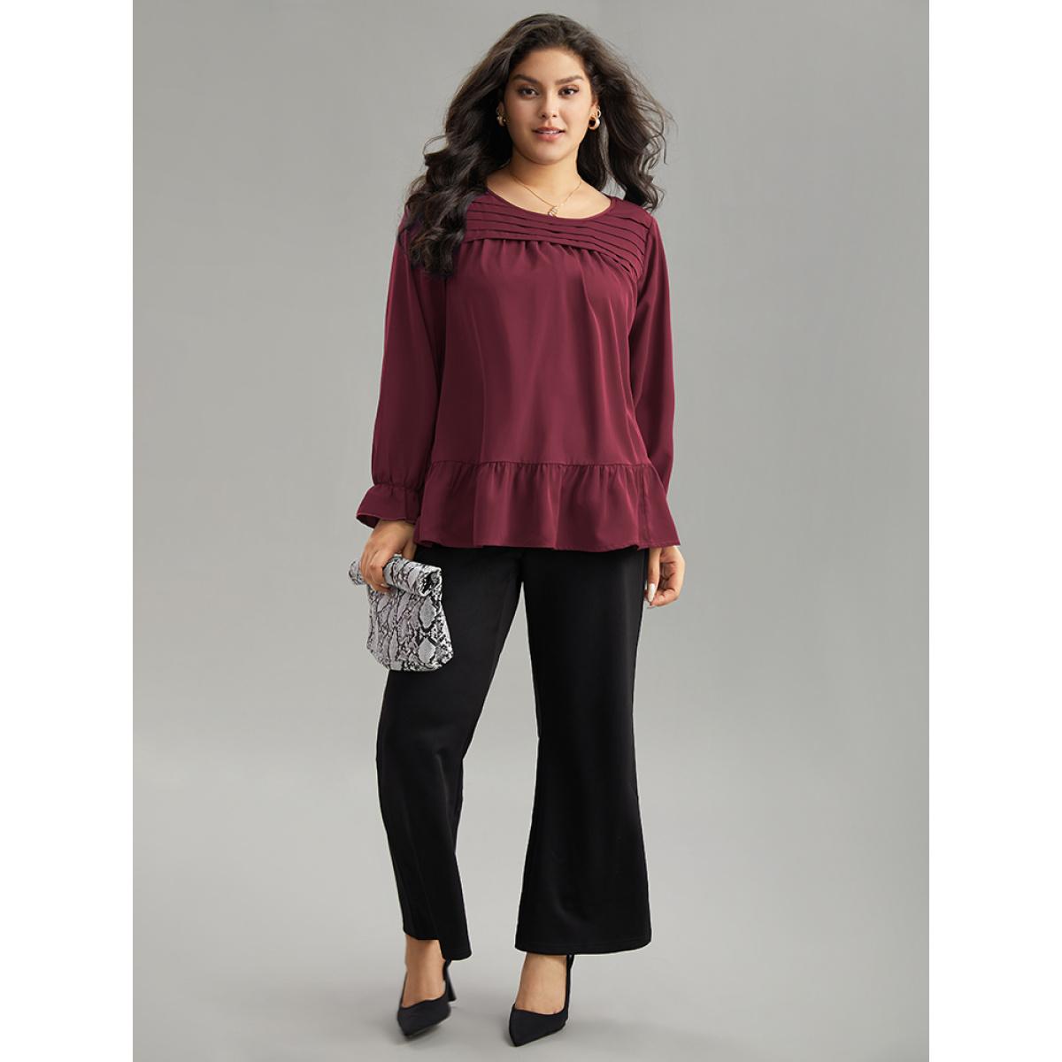 Plus Size Scarlet Static-Free Plain Pleated Ruffles Lantern Sleeve Blouse Women Office Long Sleeve Round Neck Work Blouses BloomChic 22-24/3X Product Image