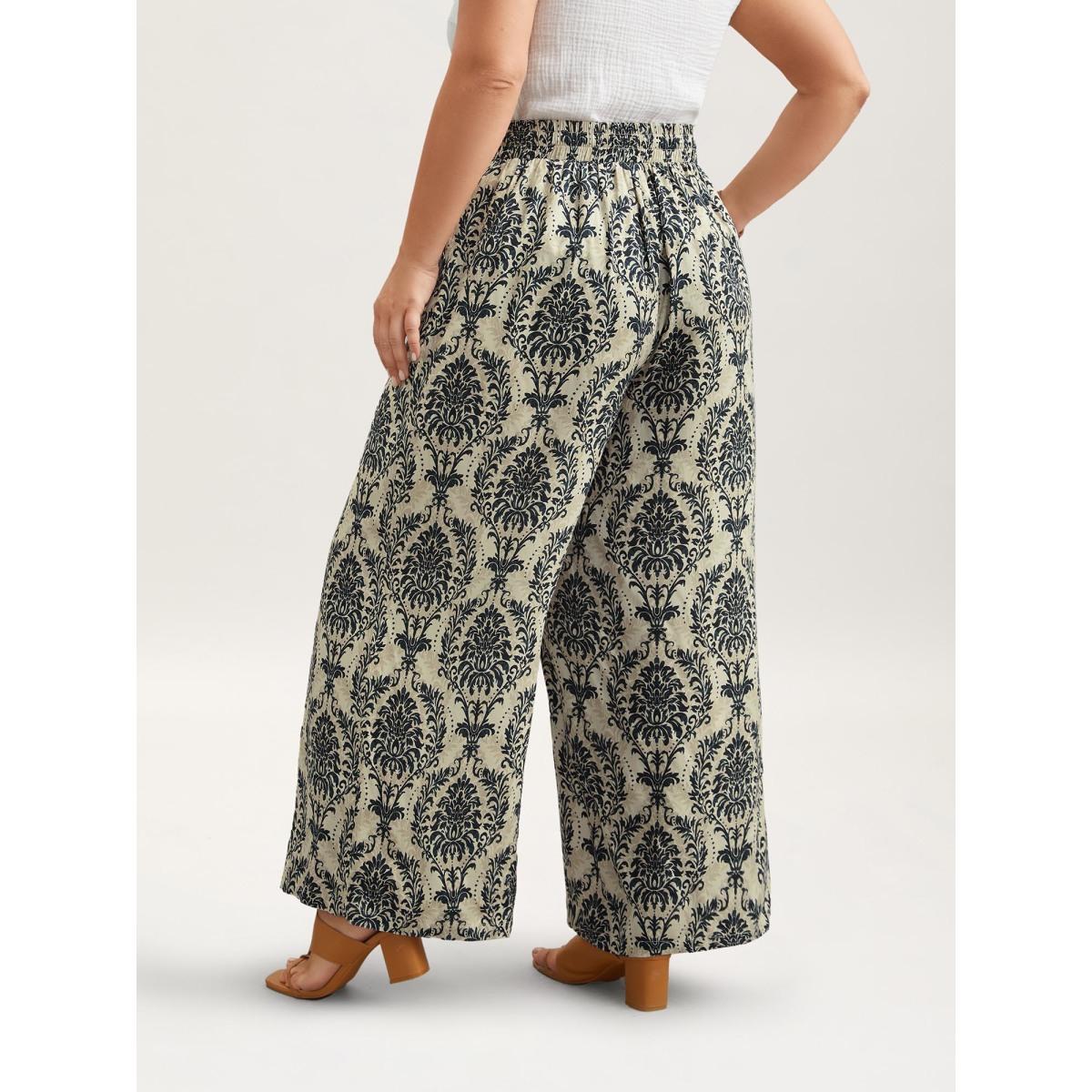 Plus Size Damask Print Tassel Straight-Leg Pants Women DarkBlue Boho Wide Leg Mid Rise Vacation Pants BloomChic 30/6X Product Image