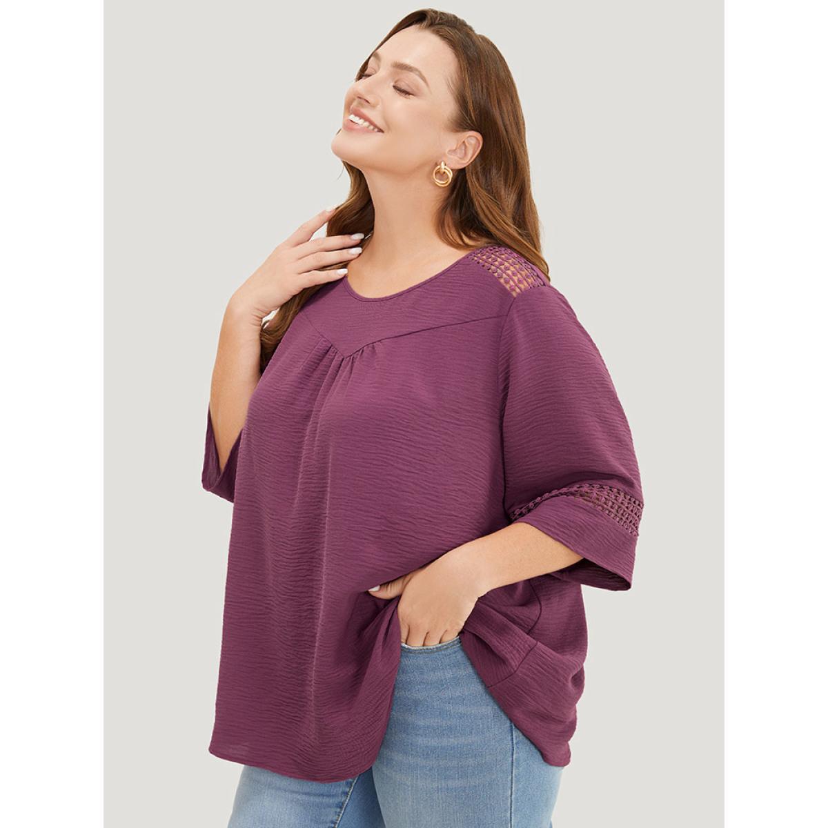 Plus Size Mauve Solid Gathered Lace Patchwork Blouse Women Elegant Elbow-length sleeve Round Neck Dailywear Blouses BloomChic 28/5X Product Image