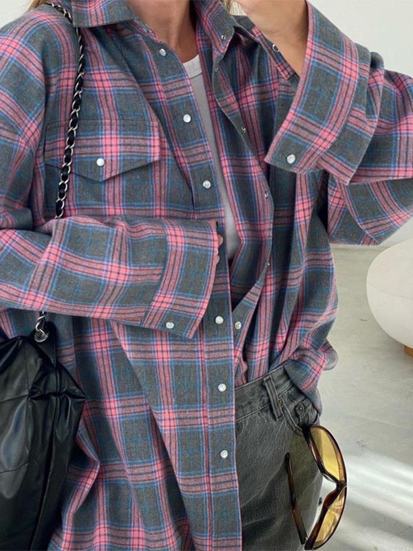 Vintage Plaid Print Long Sleeve Blouse Product Image