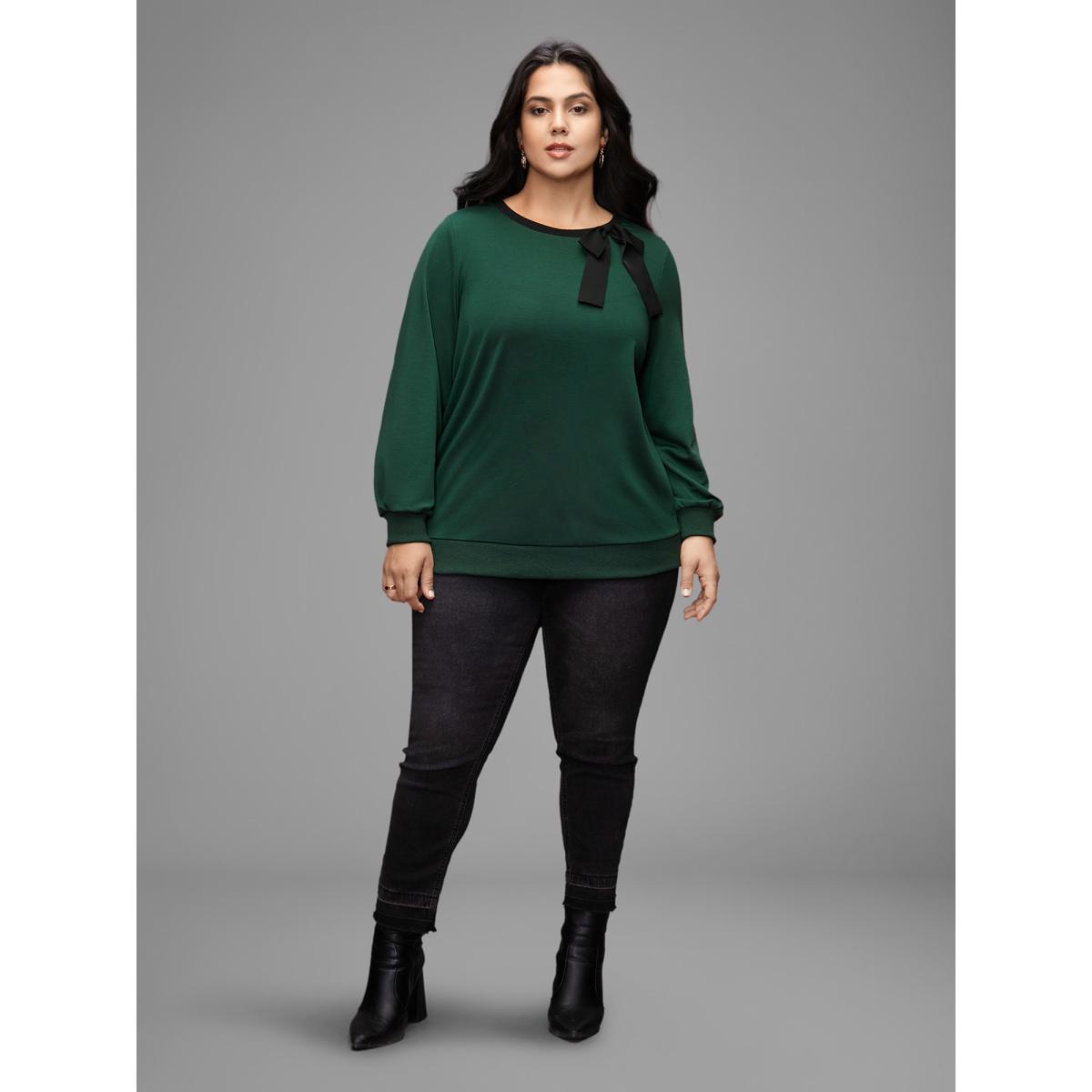 Plus Size Bow-tie Detailing High Neck Sweatshirt Women DarkGreen Leisure Contrast Round Neck Casual Sweatshirts BloomChic 14-16/1X Product Image