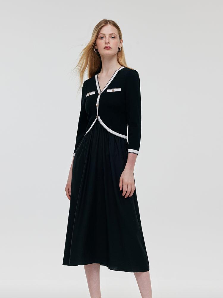 Contrast Trim Knitted Patchwork Women Midi Dress Product Image