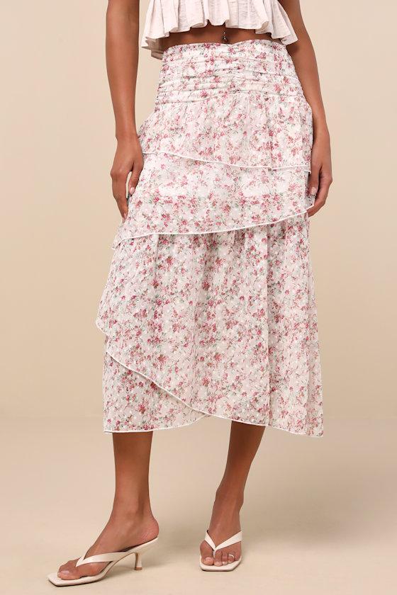 Rosen White Multi Floral Tiered Midi Skirt Product Image