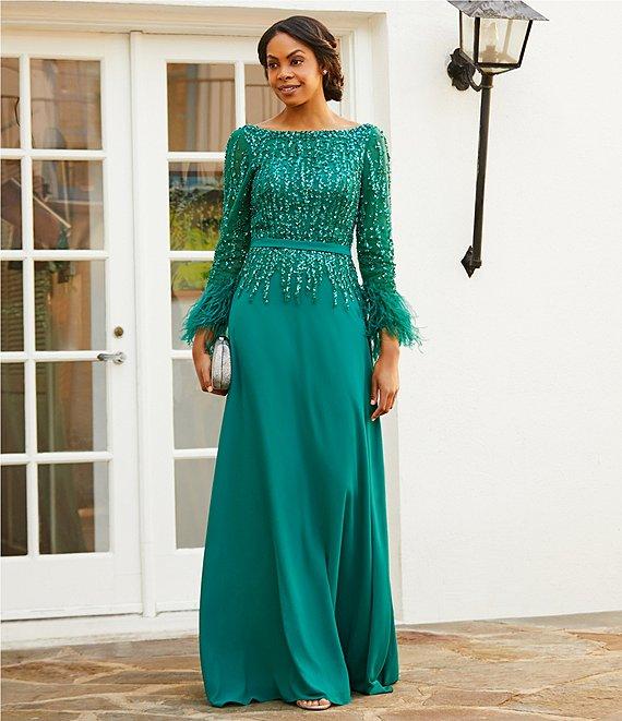 Terani Couture Cascade Beaded Boat Neck Feather Cuff Sleeve Belted A-Line Gown Product Image