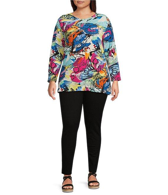 Calessa Plus Size Knit Abstract Butterfly Print Crew Neck 3/4 Sleeve Tunic Product Image