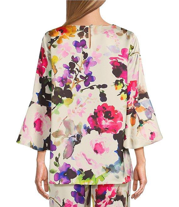Caroline Rose Bella Floral Satin Scoop Neck 3/4 Soft Bell Sleeve Coordinating A-Line Tunic Product Image