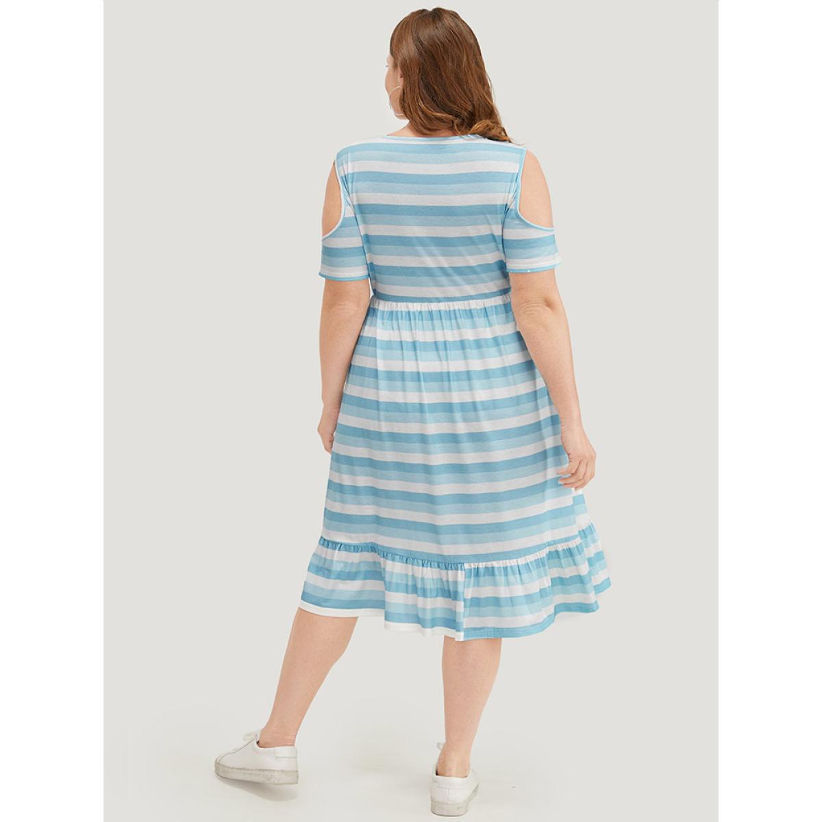 Plus Size Striped Contrast Pocket Ruffle Trim Cold Shoulder Dress LightBlue Women Casual Contrast Cold Shoulder Short sleeve Curvy Midi Dress BloomChic 26/4X Product Image