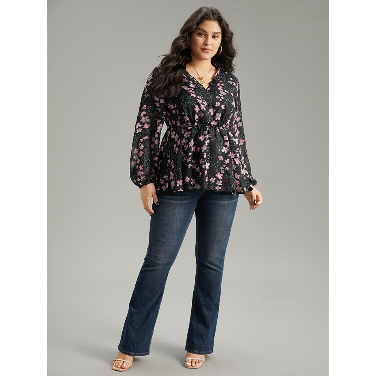 Plus Size Black Floral Print Frill Trim Blouse Women Elegant Long Sleeve V-neck Dailywear Blouses BloomChic 12/L Product Image