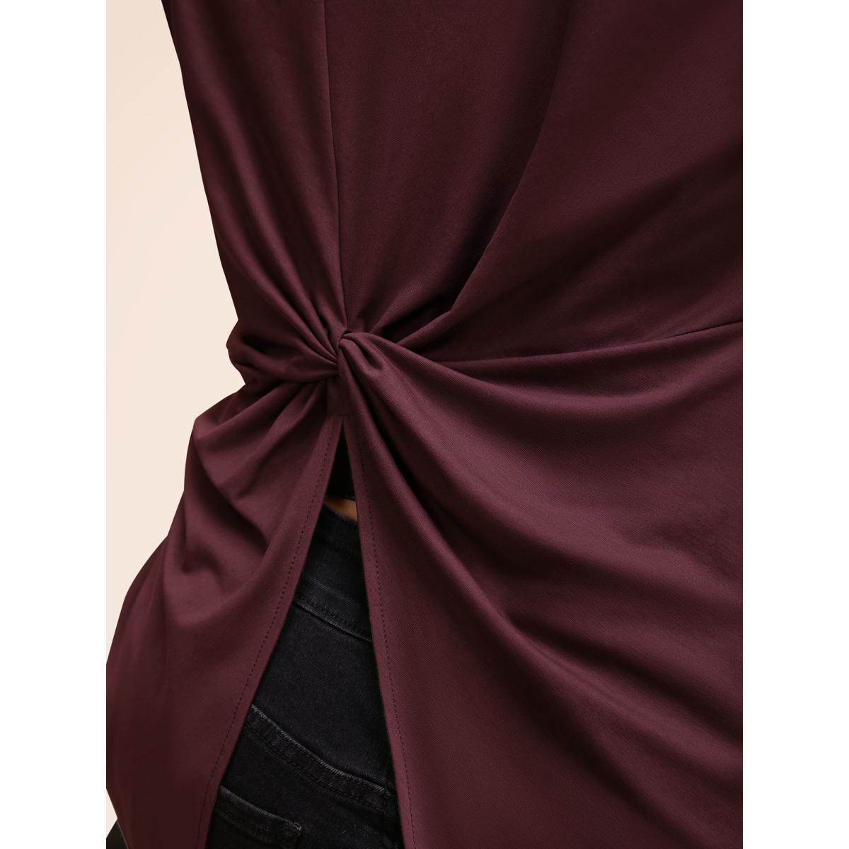 Plus Size Solid Twist Back V Neck Short Sleeve T-shirt Burgundy Women Casual Plain Plain V-neck Dailywear T-shirts BloomChic 18-20/2X Product Image